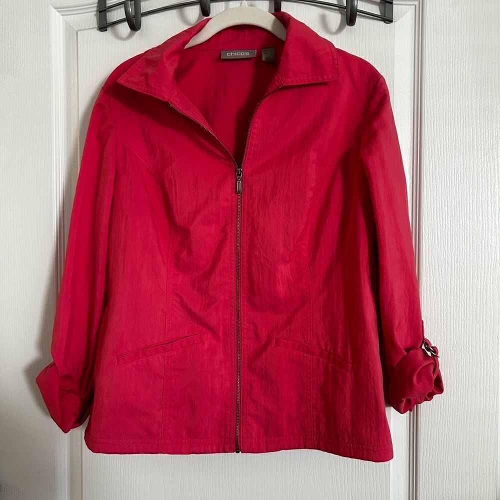 Chico’s pink zip up blazer‎ jacket with roll up sleeves size 1 women’s medium